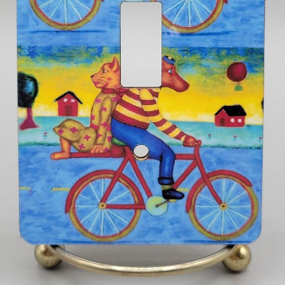 Whimsical Light Switch Cover Plate Dog Cat Riding Bicycle Paperwings Studio - Picture 3 of 4